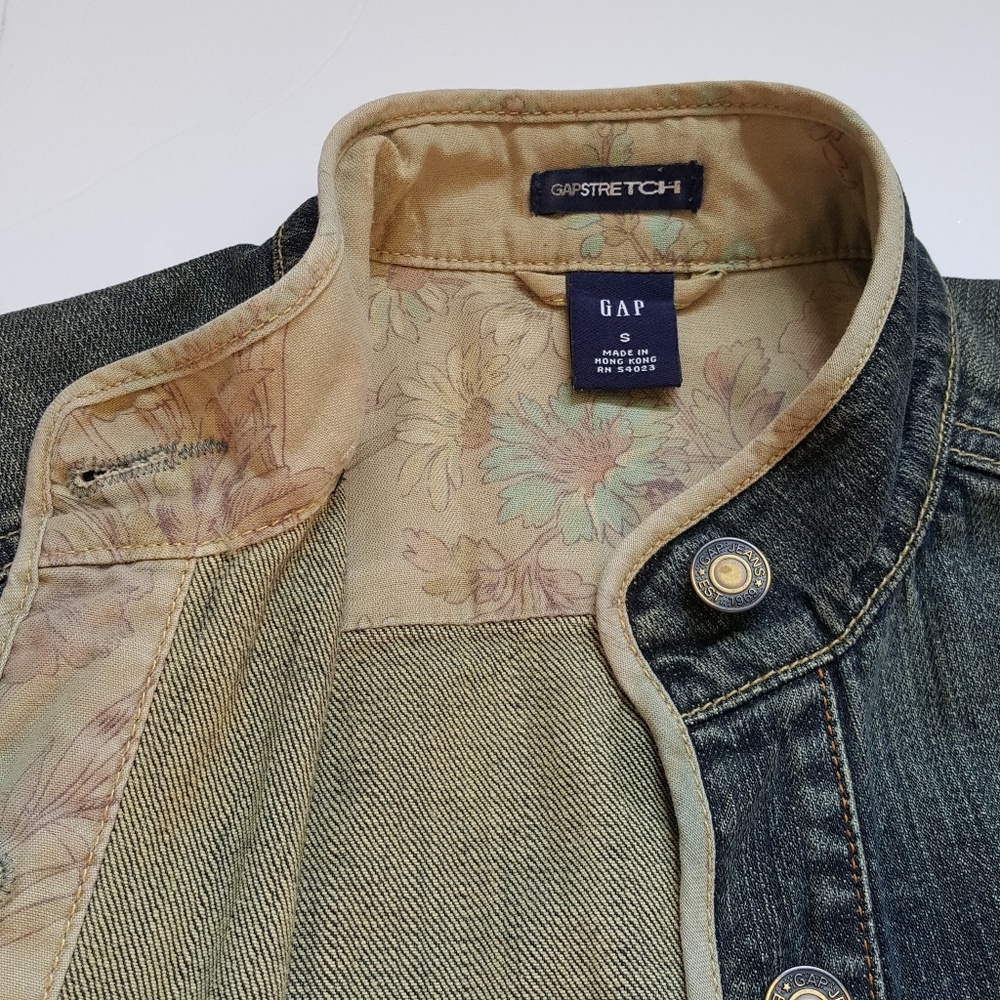 Vintage Gap Stretch Dip Dye Dark Denim Floral Trim Boho Mock Neck Jacket Coat S - Picture 5 of 8
